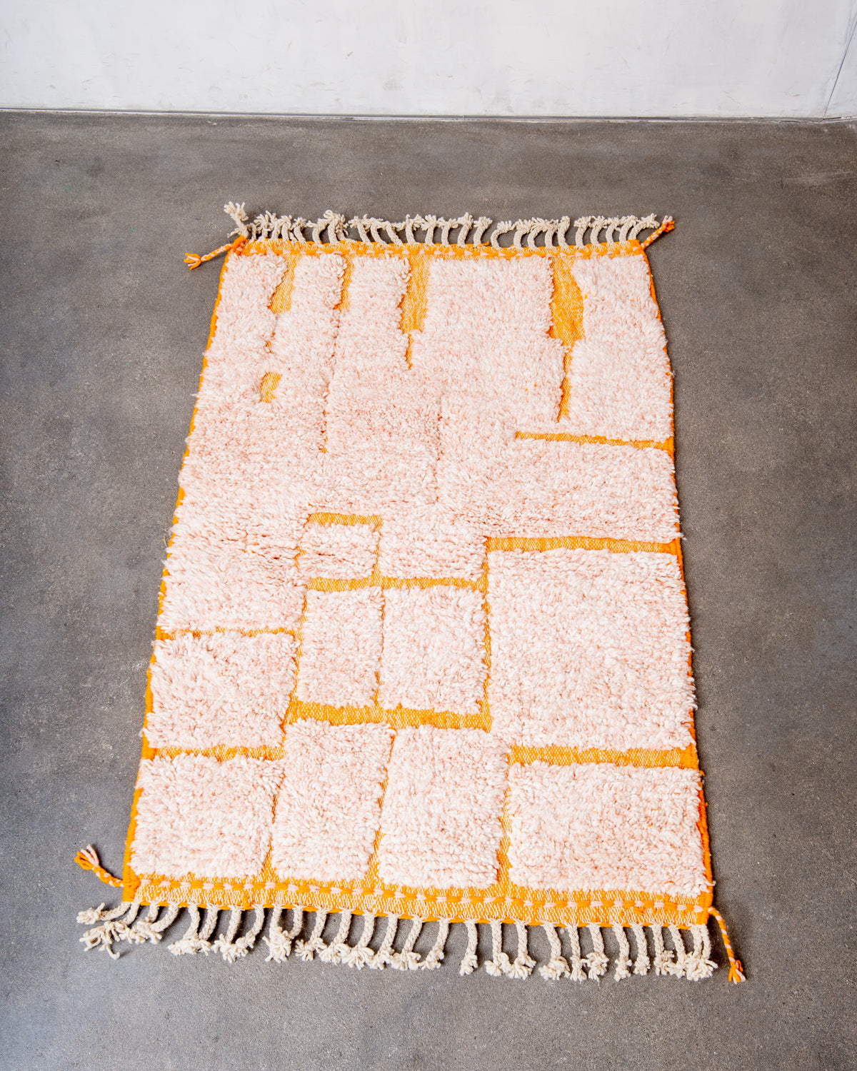 Modern, designer, handcrafted Berber rug from Morocco. Beniourain carpet with beautiful colours and patterns and fluffy wool texture.